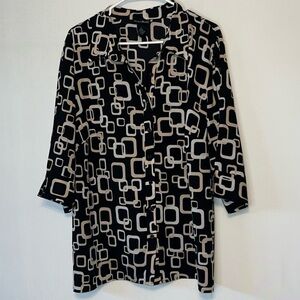 Maggie Barnes Top Womens Size 1X 18/20 3/4 Sleeve Button Down Graphic Blouse.